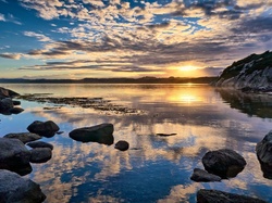 Wschód słońca, Kamienie, Morze, Norwegia, Góry